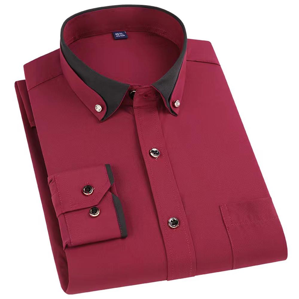 Men's Diamond Buttons & Contrast Collar Dress Shirt with Chest Pocket Long Sleeve Stretch Smooth Wrinkle-Free Easy Care Shirts