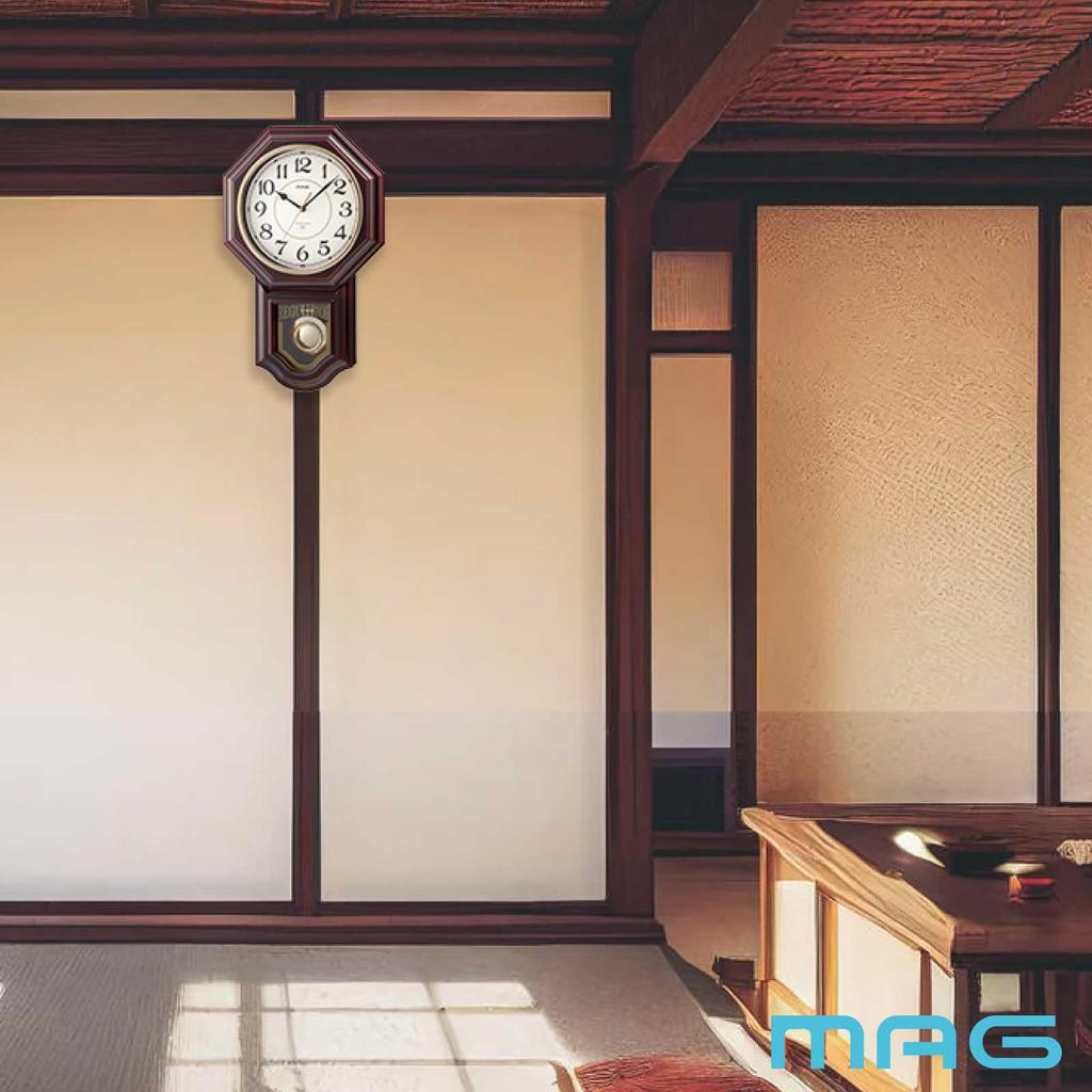MAG Wall Clock Analog Silent Continuous Second Hand Antique Retro Pendulum Melody Westminster Chime Brown W828ABRZ