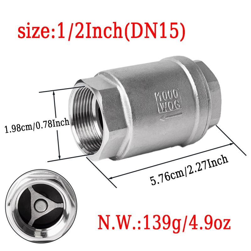 Vertical Spring Check Valve 304 Stainless Steel DN15/20 One-way No Return Horizontal Vertical Water Stop Valve for Wells, Pumps.