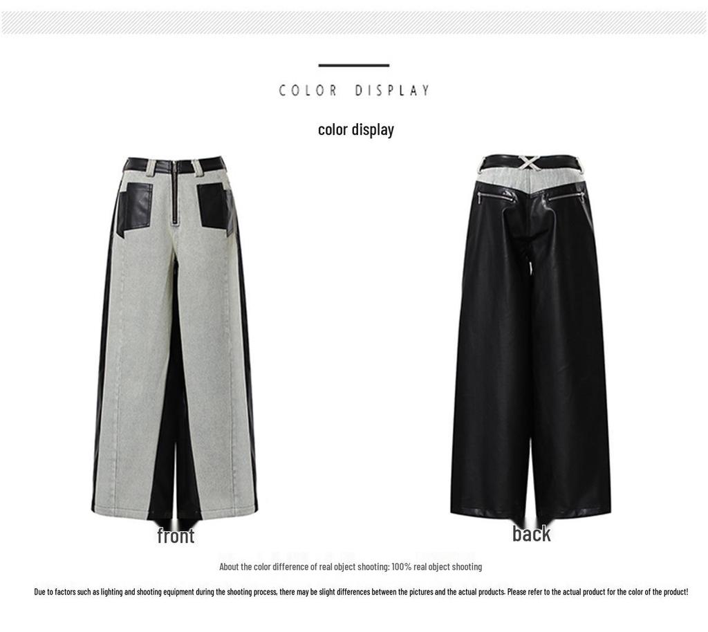 Women's Retro Washed Straight-Leg Jeans with Leather Splice, Contrasting Colors - 2025 Spring Street Style.
