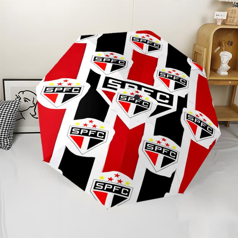 São Paulo FC Logo Print Automatic Umbrella, 8 Rib Iron Frame, Plastic Handle, Suitable for Outdoor Travel &Daily , Ideal Gift