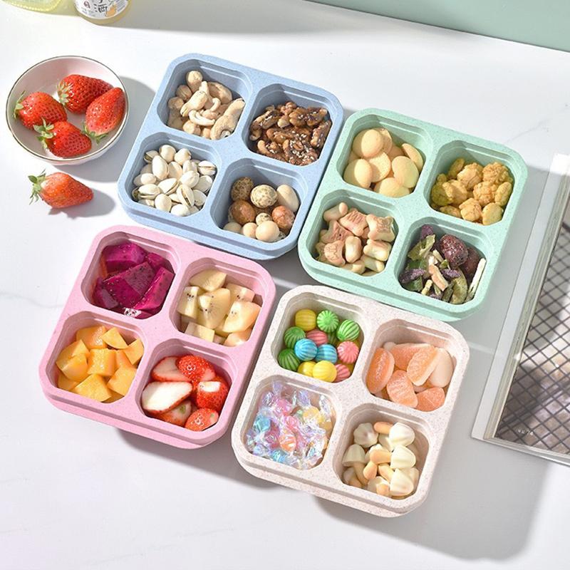 Quadratische Trenn-Bento-Box Wiederverwendbarer 4-Fächer-Lebensmittelbehälter Snack-Nüsse Mit Deckel Weizenstroh-Lunchbox Küchenzubehör