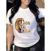 European Size 1pc Women'S Casual Crew Neck T-Shirt with Golden Lion & Letter Print, Slight Stretch Knit Fabric, All-Season Polyester Top In Black