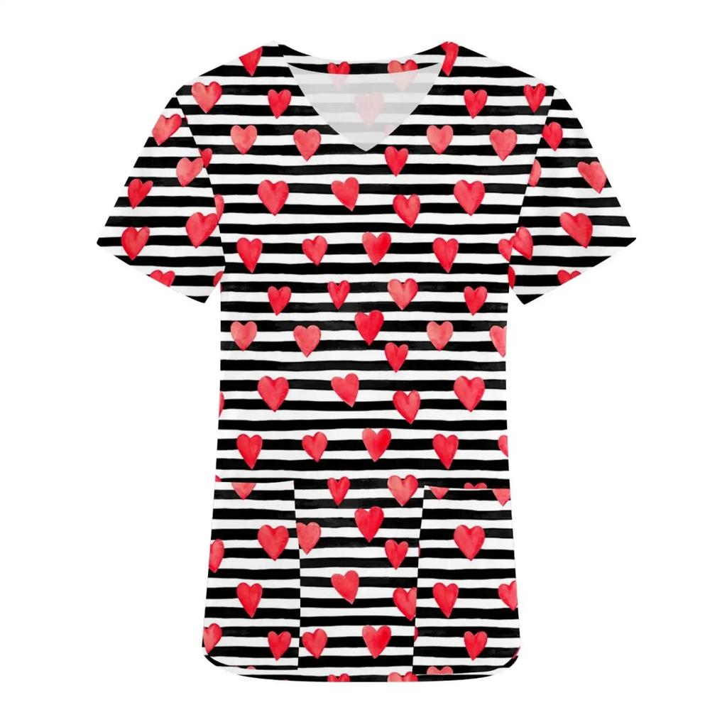 Women's Nursing Uniform with Romantic Heart Pattern Print Women's Short Sleeved Uniform Fashionable Casual and Comfortable