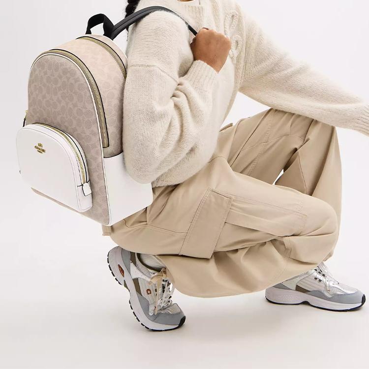 Coach Gericht 33 Logo Doppelreißverschluss Beschichtetes Canvas und Leder Rucksack Großer Damenrucksack Beige CZ175-IMXDM