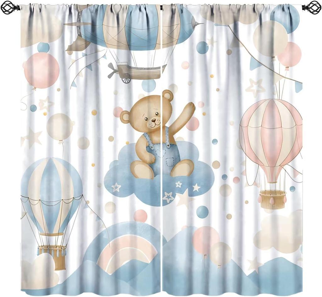 Cartoon Blue Bear Curta For Boys,Watercolor Little Cute Animal Aircrafts Hot Air Balloons Rainbow Window Drapes For Baby Boys