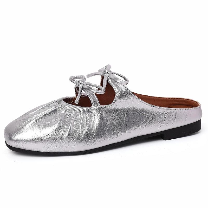 Inner height-increasing bow silver bag head half-drag women's shoes fashionable outer wear 2025 new summer Mary Jane sandals