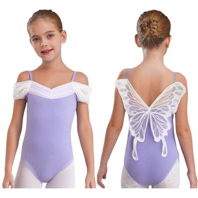 Costum de balet și gimnastică pentru fete cu design fluture la spate, guler din plasă drapat, bretele subțiri, îmbrăcăminte de dans