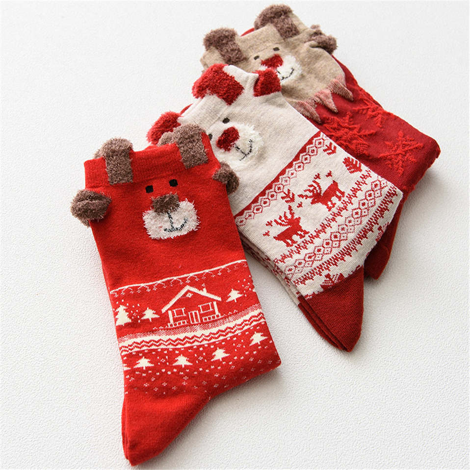 3Pairs/Set New Winter Warm Christmas Socks Deer Elk Xmas kawaii Xmas Socks for Women Girls New Year Gifts Stylish Sokken