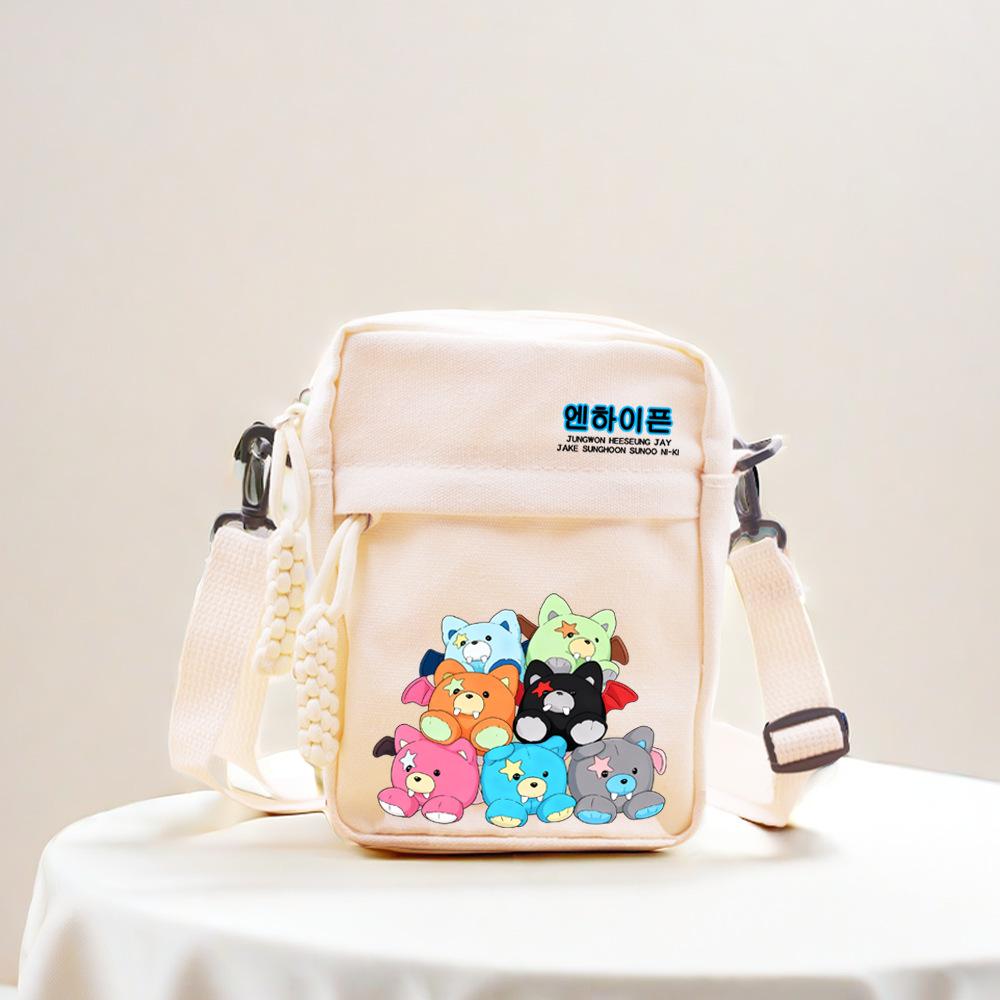 ENHYPEN Cute Bat Monster Canvas Crossbody Bag, Kpop Member Chibi Print Small Shoulder Bag for Engene Fans, Casual Aesthetic Mini Sling Purse