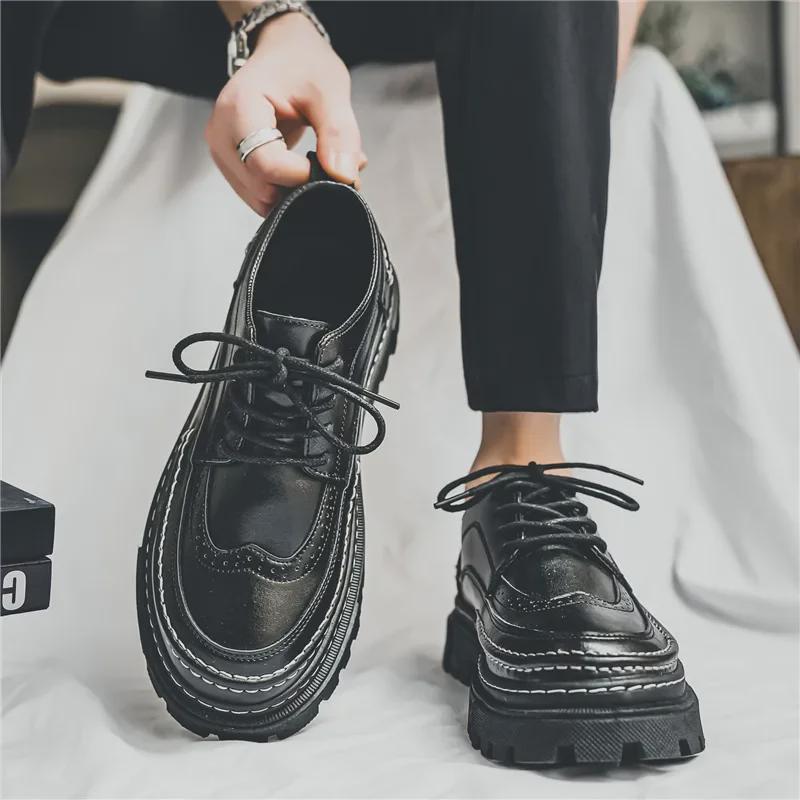 Men's Black Leather Brogue Shoes - Summer Formal/Casual, British Style, Youthful, Soft Surface, Height-Boosting.