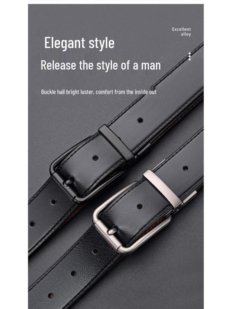 Extra Long Men's Reversible Leather Belt with Rotatable Pin Buckle
