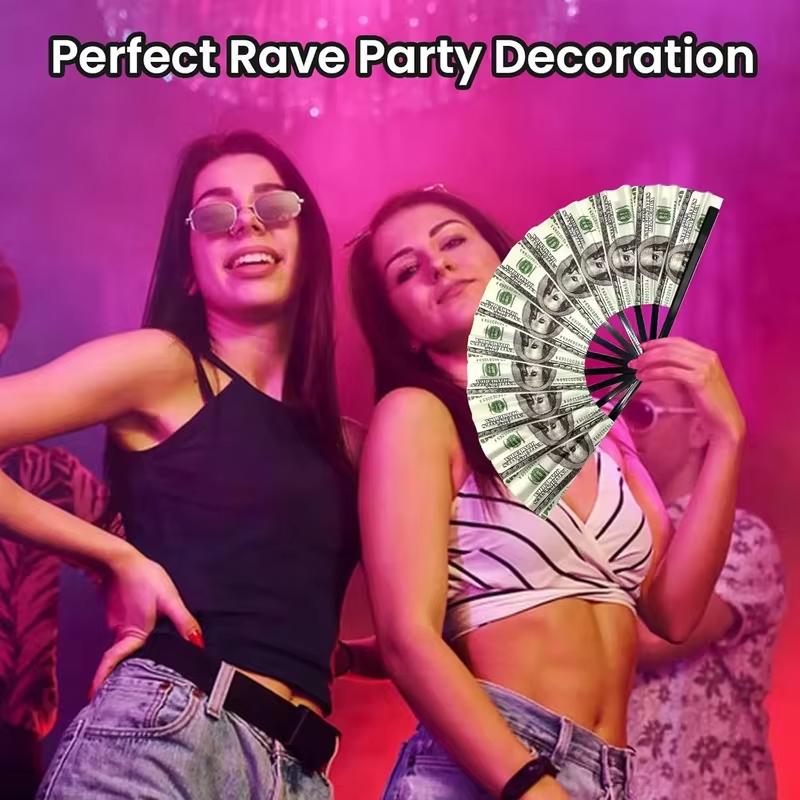 Large Folding Hand Tear Fan (Dollar Pattern) - Music Festival Fan, Dance Fan, Gift & Unique Decorative Fan