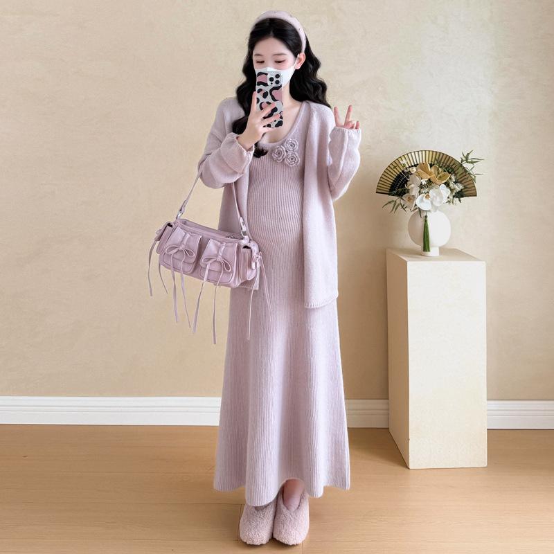

3D Crochet Vest Dress & Korean-Style Jacket - Plus Size Maternity Set M