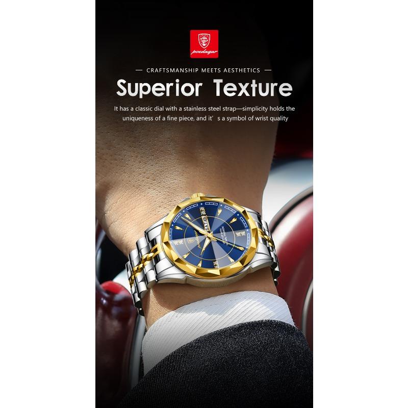 POEDAGAR Top Fashion Man Clock Business Waterproof Luminous Date Week Wristwatch Quartz Stainless Steel Casual Watches