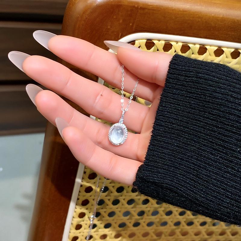 S925 Sterling Silver Natural Jade Necklace Full Diamond Luxury Transparent Jade Clavicle Chain Fashion Fine Silver Jewelry For Women