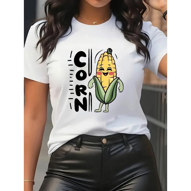 

Fun Cartoon Corn Women s Short-Sleeve T-Shirt - Featuring a Cute Joyful Face Pattern, This Casual Crewneck Top Is Easy to Pair, Breathable S белый