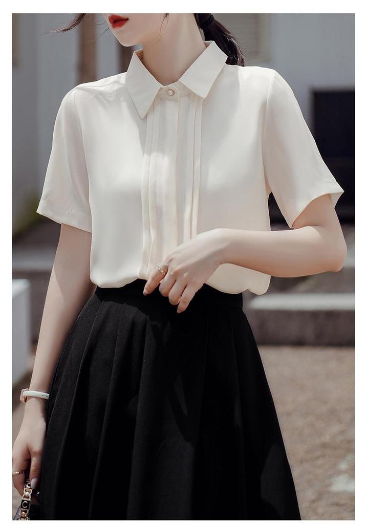 2026 Koreanischer Stil Plissiertes Satin-Chiffon-Hemd - Kurzärmelig, Vielseitige Damenmode