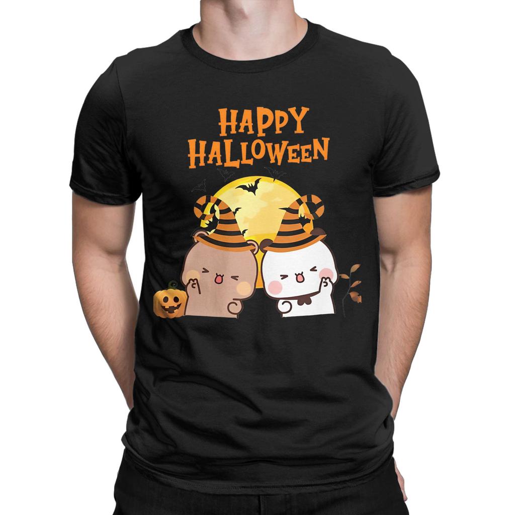 DuDu Bear and BuBu Panda Halloween T Shirt Men's Cotton Tops Aesthetic Kawaii Round Neck Short Sleeve