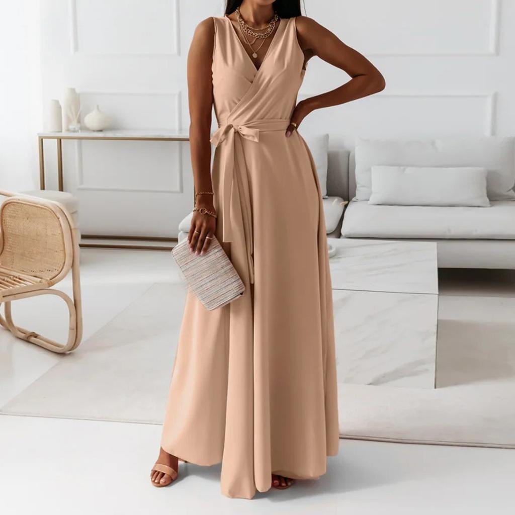 Women's V-neck Sleeveless Belt Evening Long Dress For Women
