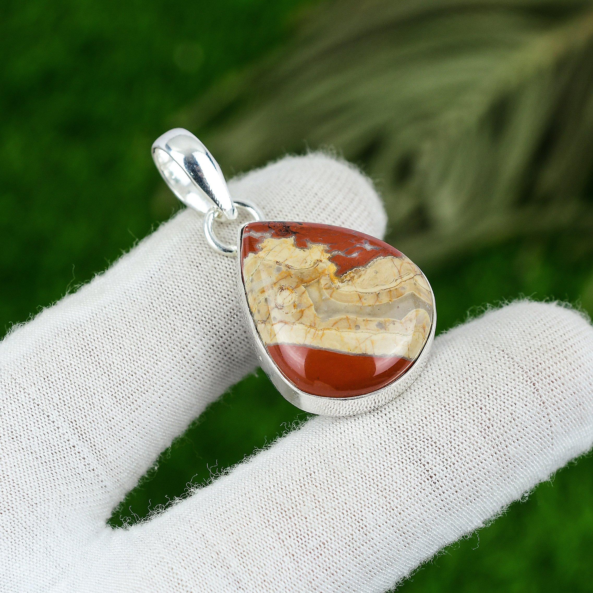 

Mothers day Sale Sterling Silver Pear Natural Red Snakeskin Jasper Bezel Pendant