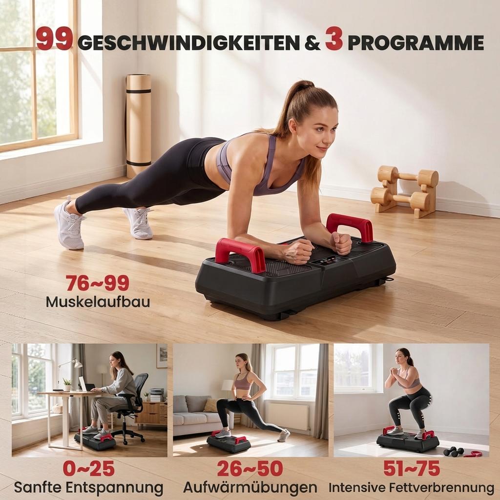 Vibration Plate Quiet Vibration Platform with Seat 99 Intensity Levels 3 Preset Programs Height-Adjustable & Removable Handles