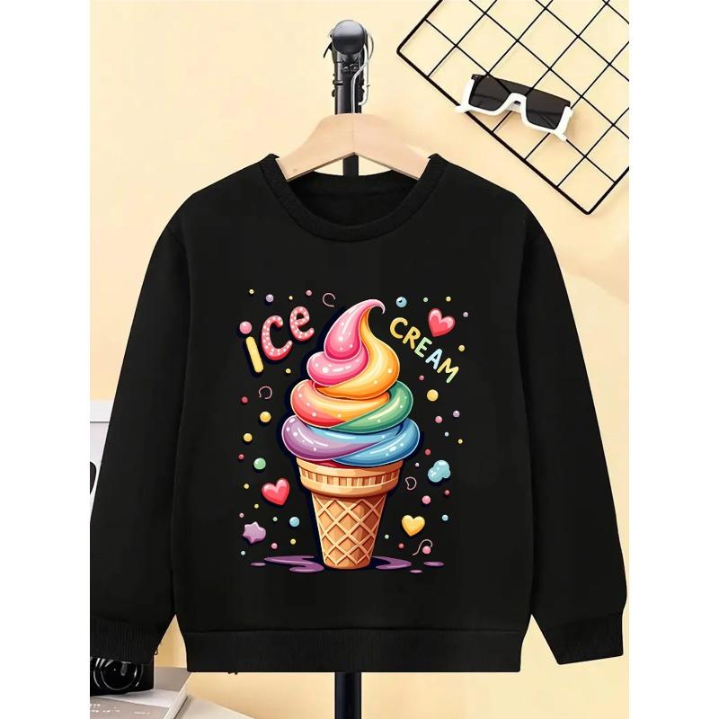 European Sizes Kids' Round-neck Hoodie - Colorful Swirl Ice Cream Cone Pattern , Sportswear And Casual Wear, Soft And Comfortable
