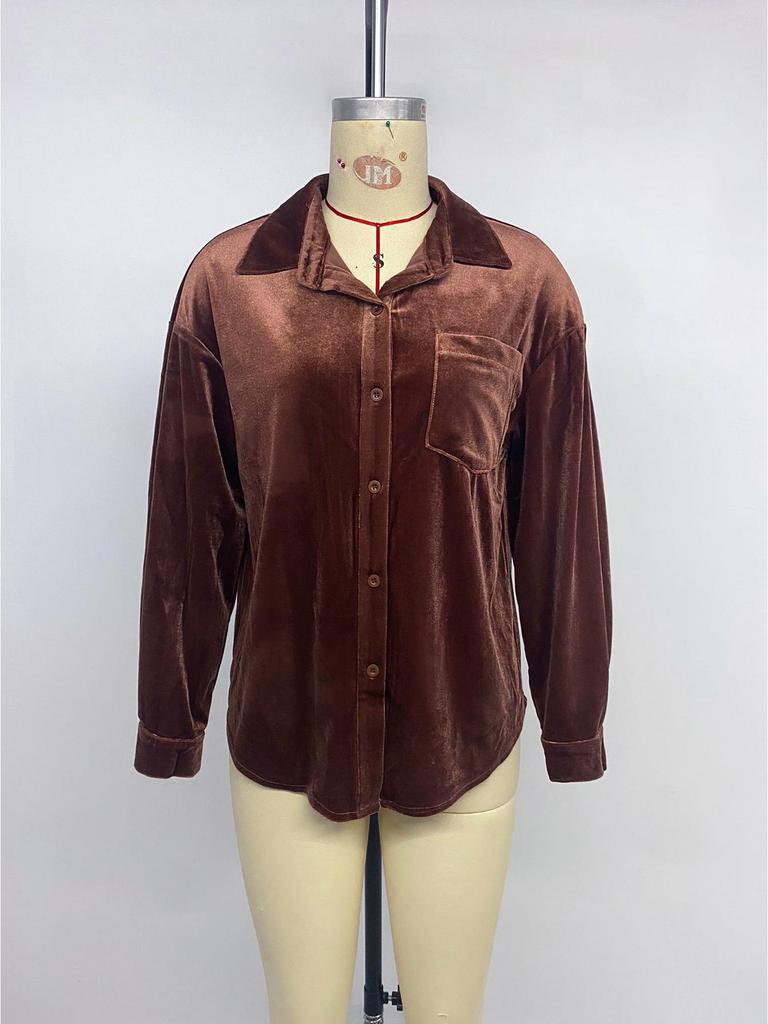 Retro Lapel Velvet Cardigan Shirt for Women - Long Sleeve, Autumn/Winter Collection 2026, European and American Style.