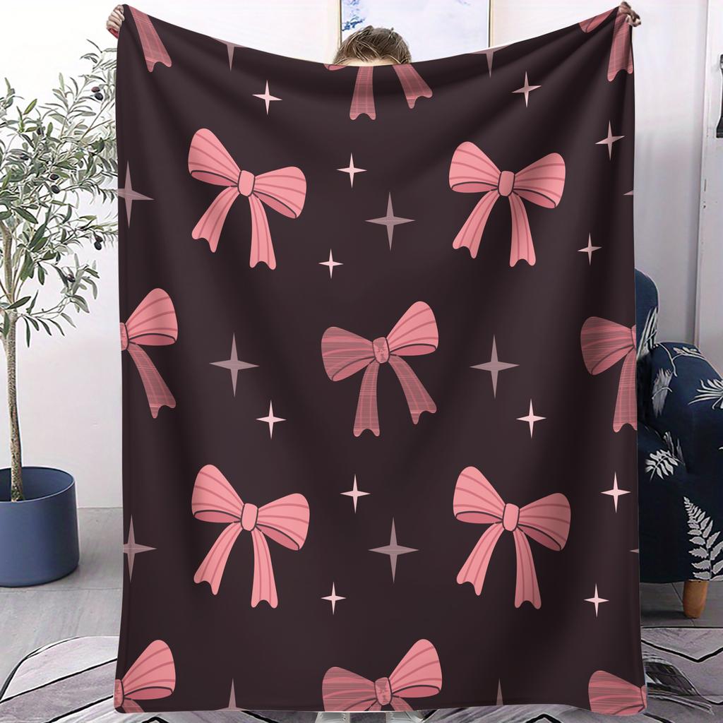 Pastel Bow Pattern Air Conditioning Blanket Cute Pink  Purple Design Nap Blanket for Sofa  Bed Soft Bedroom Decor Gift Blanket