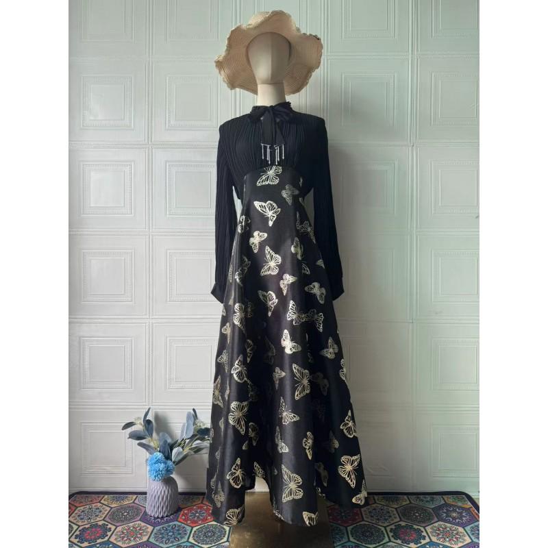 Elegant Long Sleeve Maxi Dress With Gold Foil Print Lantern Sleeves A-Line Skirt Women 2025