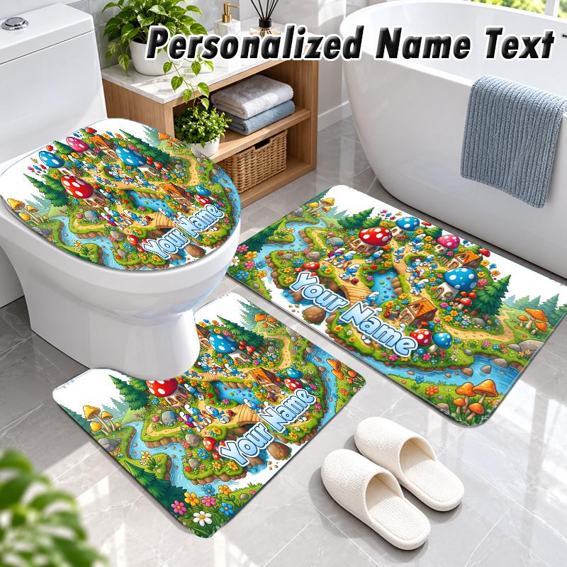 Smurfs Custom Name 3Pcs Flannel Bathroom Mat Set Toilet Rug Personalized Bath Decor