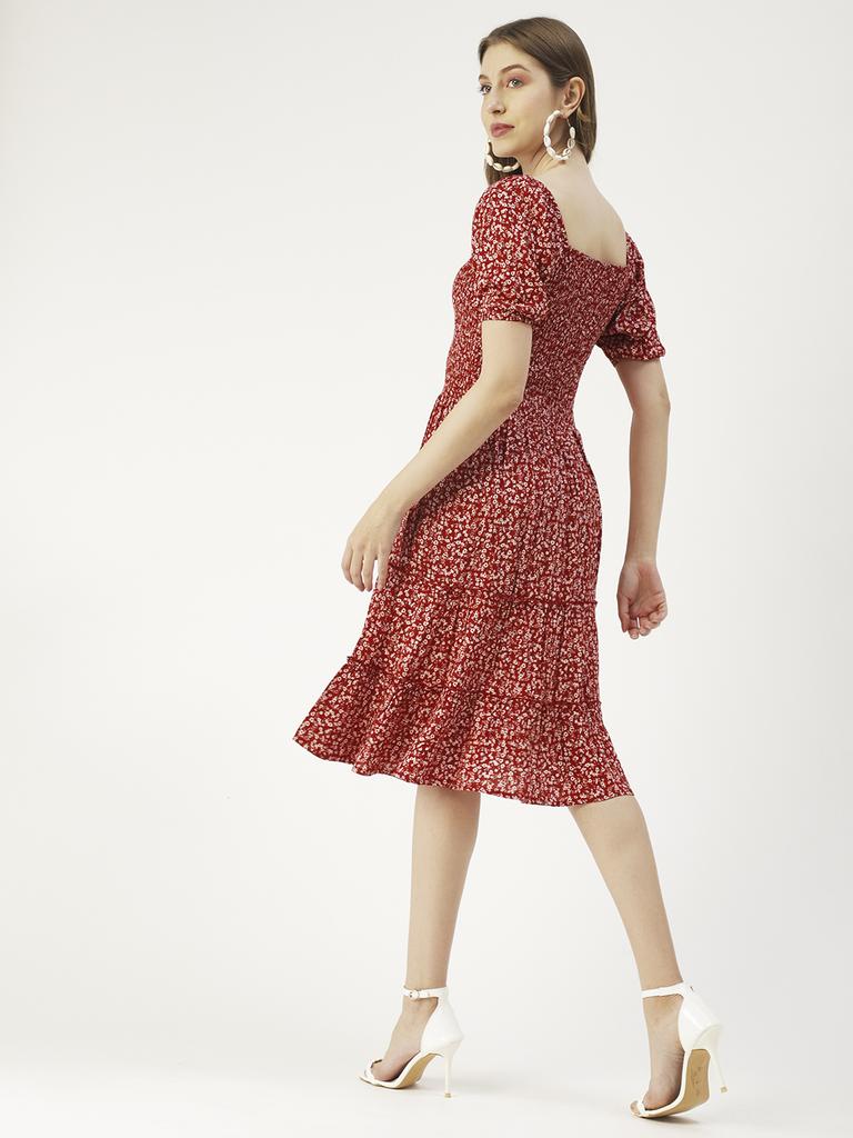 Moomaya Square Neck Tiered Dress, Knee Length Flared Smocked Summer Dress