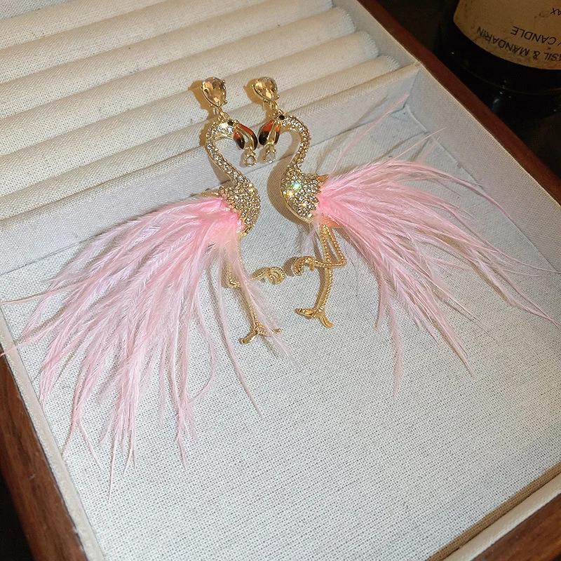 Korean Style Bird Drop Earrings for Women Pink Feather Rhinestone Dangle Earrings Fashion Zircon Accessories