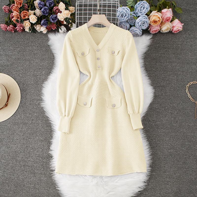 

Осень-зима Женские элегантные однотонные вязаные свитера с V-образным вырезом Мини Короткие платья One Size абрикосовый