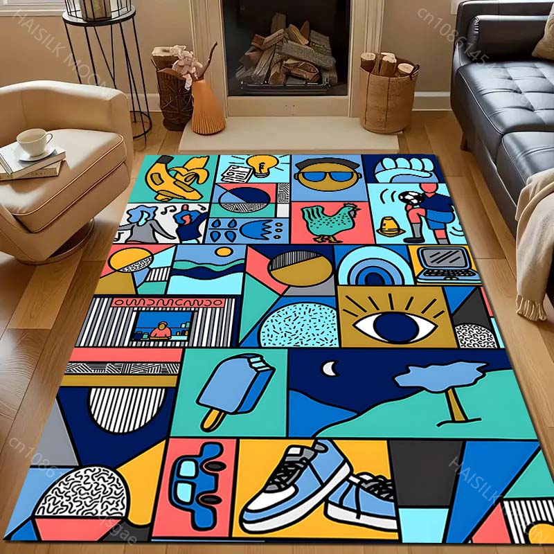 Grid Cartoon Picture Print Carpet for Living Room Bedroom Bedside Sofa Floor Mat Modern Home Decor Aisle Corridor Area Rug