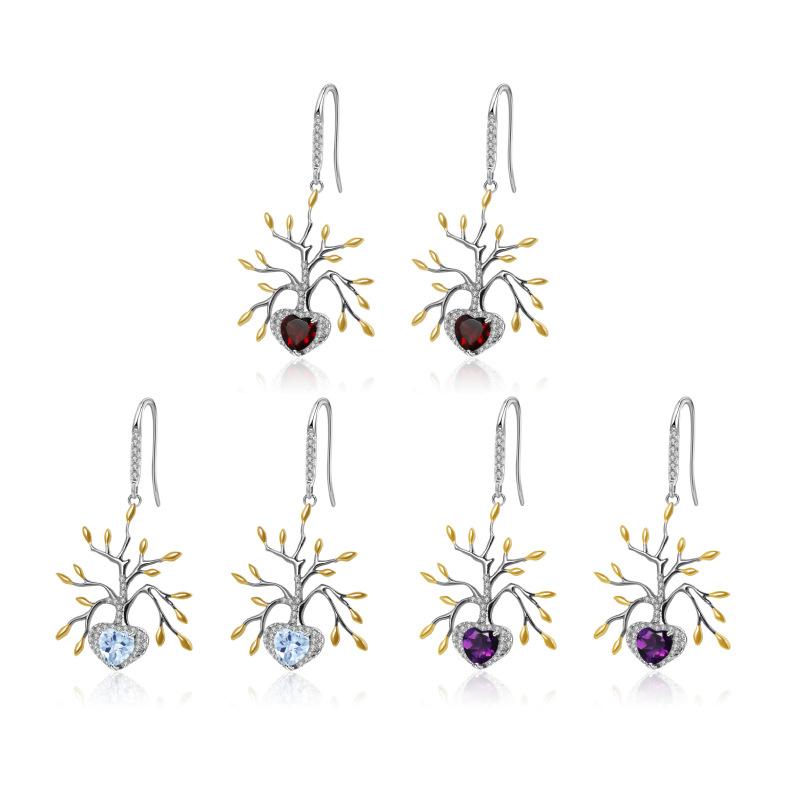 Original Designer High-end Natural Topaz Earrings Tree of Life Design Series 925 Silver Gemstone Stud Earrings
