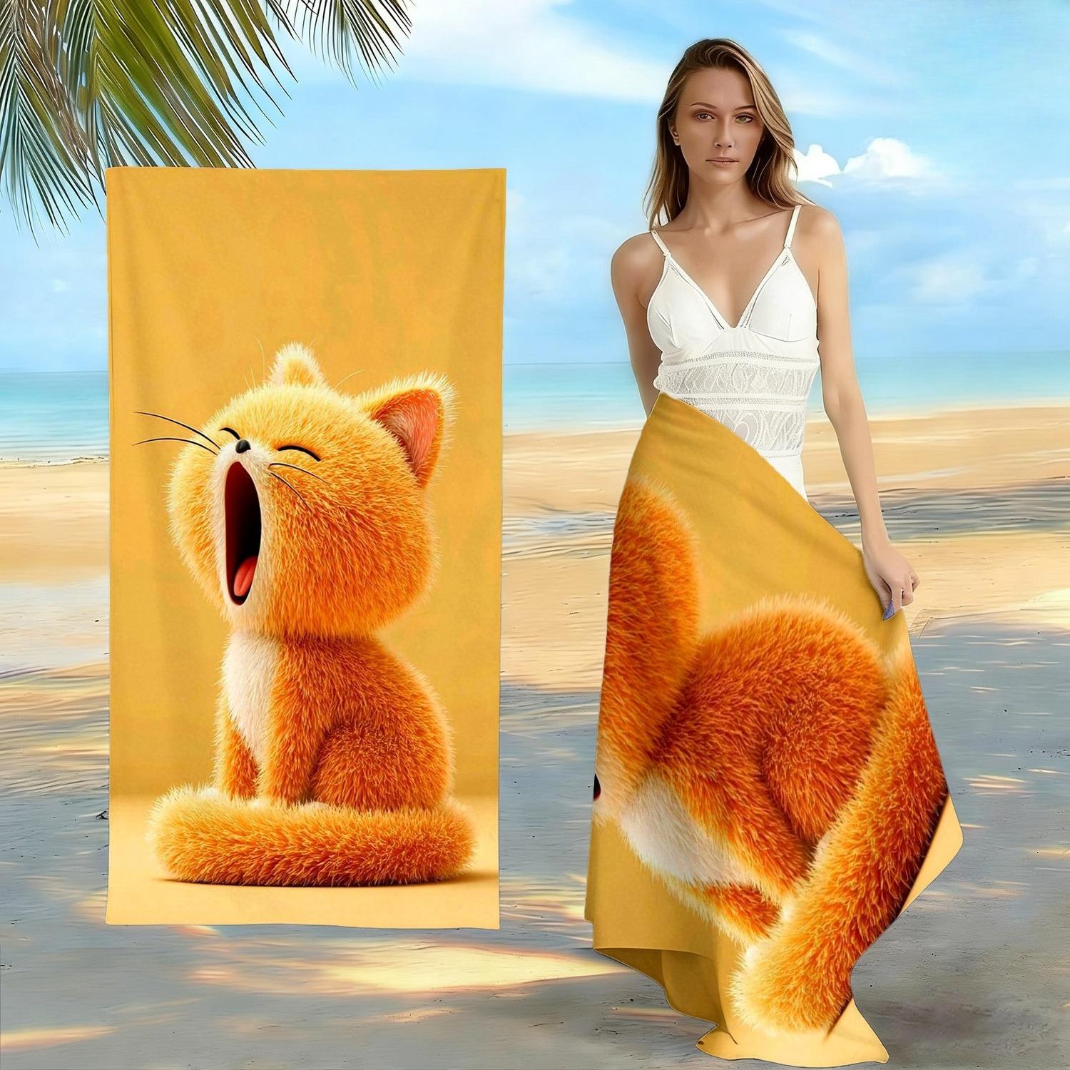 Vibrant Yellow Fluffy Cat Towel, Cute Yawning Orange Kitten Print Bath Towel, Playful Cat Lover Summer Essential 1pcs W40*H60(CM)
