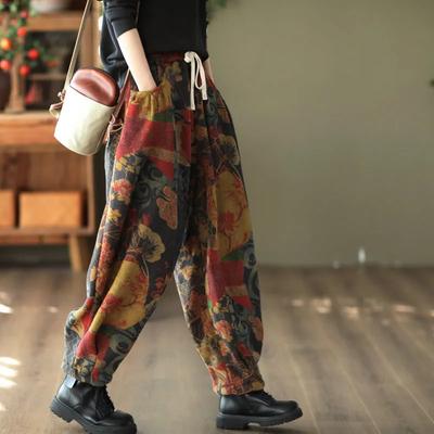 Winter Plus Samt Verdickt Retro Nationalstil Druck All-Match Schlankmachend Ethnisch Lässige Haremshose Damen