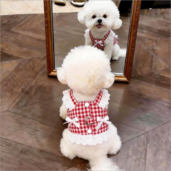 Pet Dog Clothes Lace Skirt Pastoral Style Black Plaid Harness Puppy Dresses Universal Harness Tractionable Retro Princess Dress
