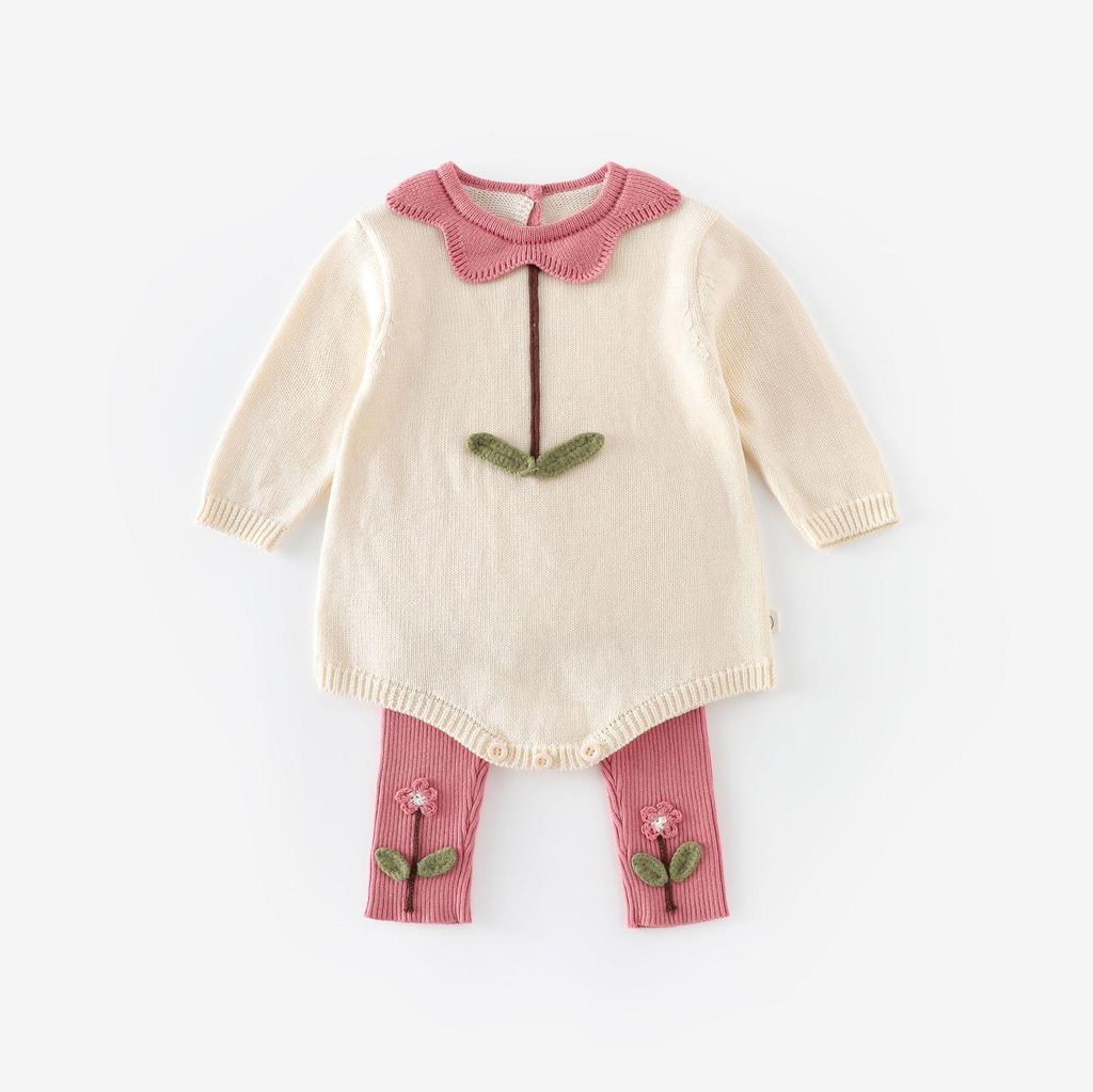 Herbst 2025 Baby Strampler mit floralem Kragen & bestickte Leggings Set