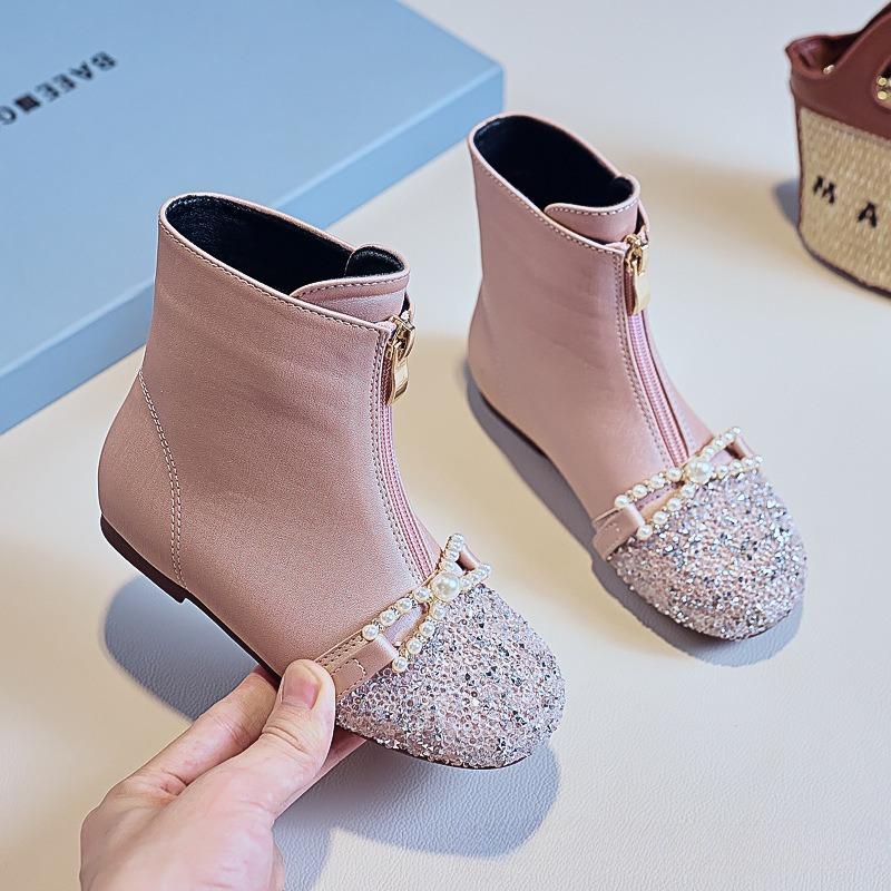 Girls Boots Children's Spring and Autumn Single Boots Baby Boots Winter Plus Velvet Performance Princess Crystal Short Boots
