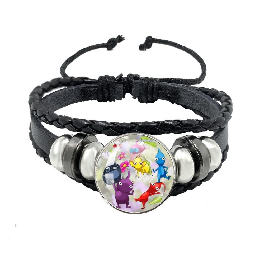 Creative Game Pikmin Cartoon Button Rope Button Glass Cabochon Handmade Black Leather Bracelet Jewelry Charm Gift