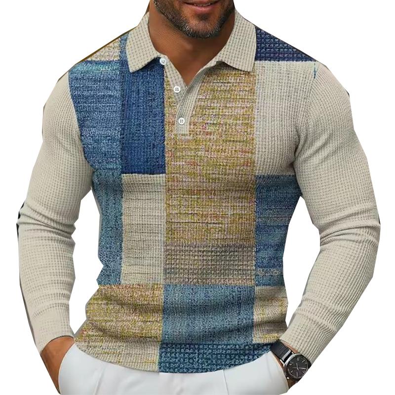Men s Color Block Geometic Polo Shirt Long Sleeve Collared Shirts Casual Business Wear Daily Wear 3D Print Buttons S
