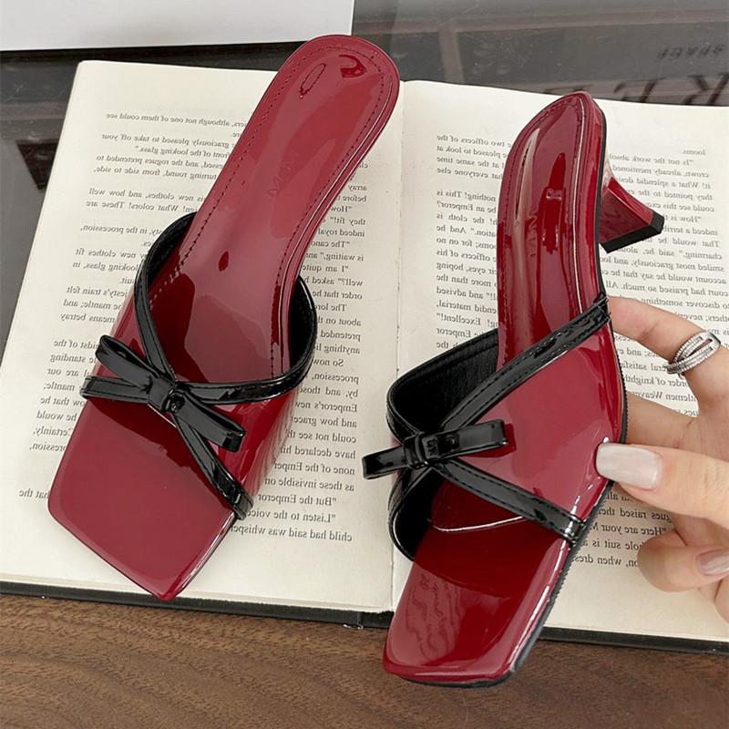 

Fashion High Quality Patent Leather Square Toe Bow Design Slippers Women Fashion Open Toe Thin Heel Slide Sandals Summer Elegant Sandals 39 красный