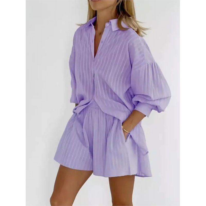 Striped Bubble Sleeve Shirt Shorts Set Stripes Puff Sleeve Shirt Shorts Suit