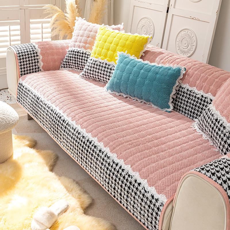 Sofa Cushion Plush Luxury Wind Four Seasons General Simple Modern Non-slip Houndstooth Mat Autumn and Winter Cushion Cover.