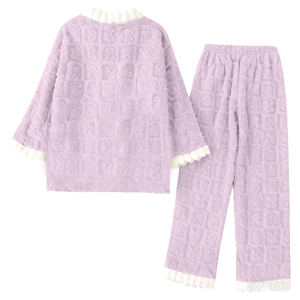 Women's Long-sleeved Flannel Thickened Warm Home Wear Cardigan Set For Outerwear