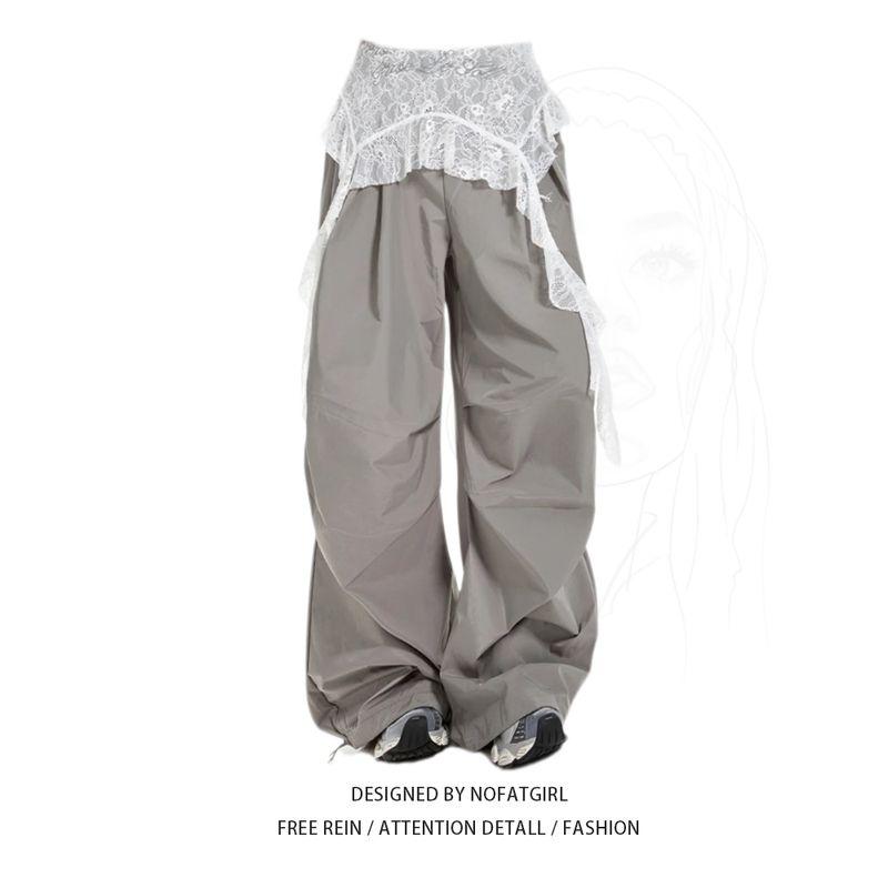 

Plus size Fat Sister American Style Gyaru Lace Stitching Casual Pants Women Summer Thin Pleat Loose Quick-Drying Machete Pants Pants M