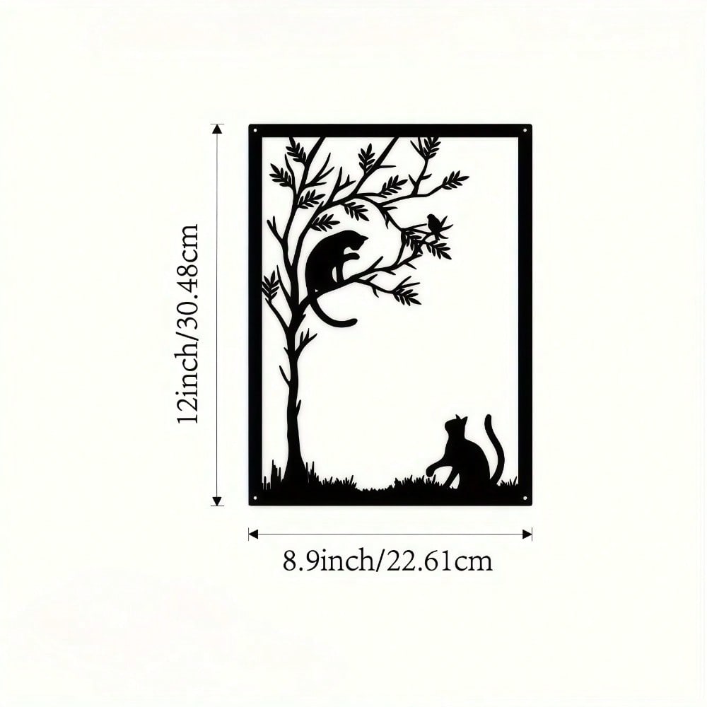 Modern Cat Silhouette Metal Wall Art Black White Branch Design Indoor Outdoor Decor Pet Lovers Gift