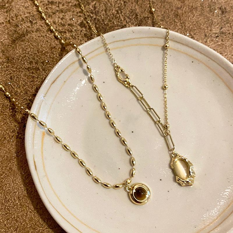 Oval Bamboo Joint Artificial Tiger's Eye Stone Necklace Ins Style Simple Light Luxury Collarbone Chain Personalized Fashion Versatile Necklace